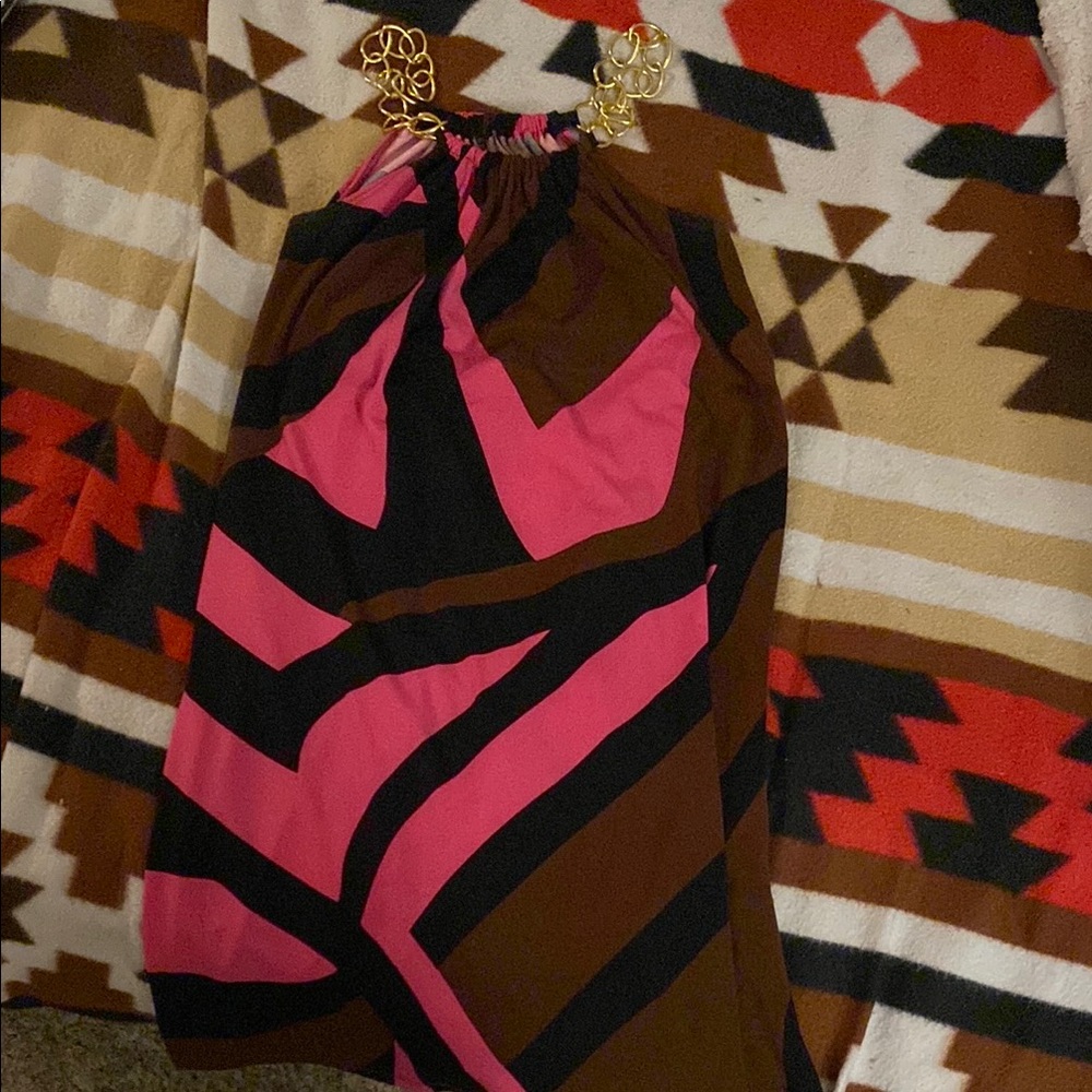 Pink and Brown Geometric Dress with Gold metal straps